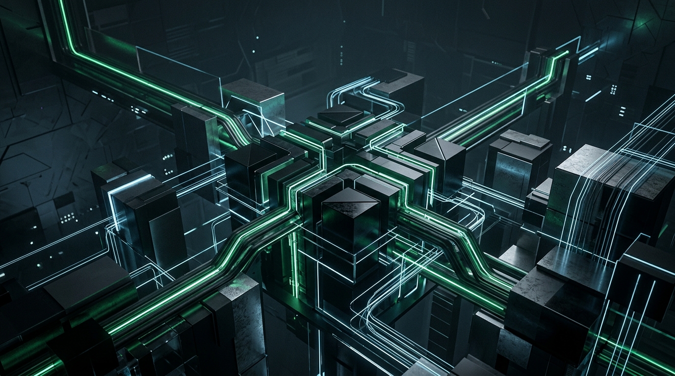 Database architecture — relational nodes and pathways forming a structured graph