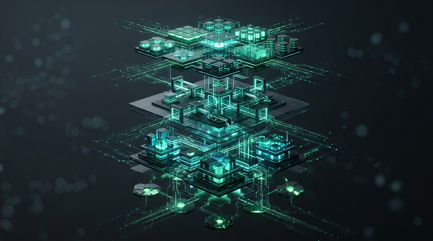 System architecture — interconnected technical tiers and service mesh