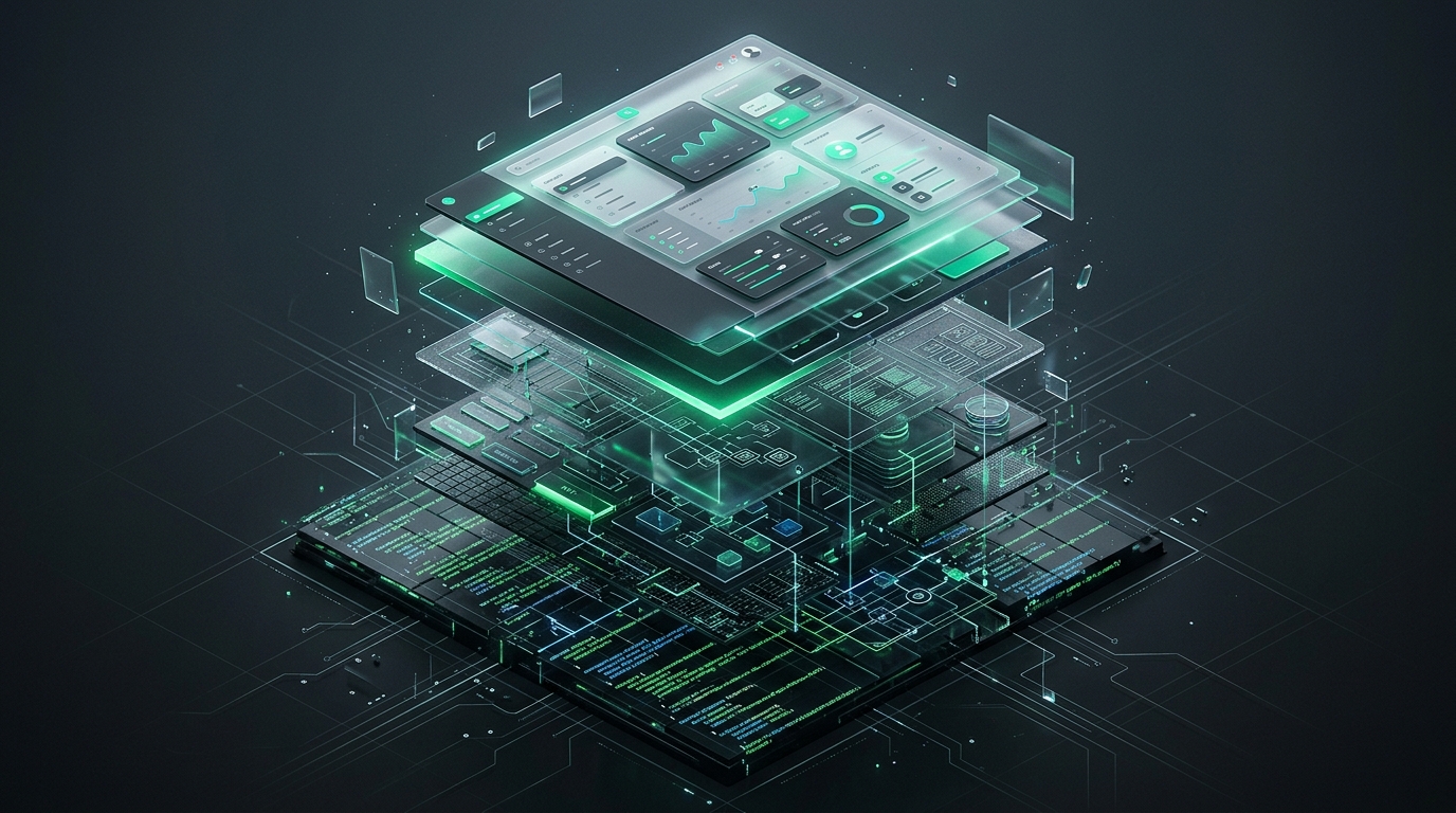 Web development layer architecture — UI, logic, and data tiers rising into form